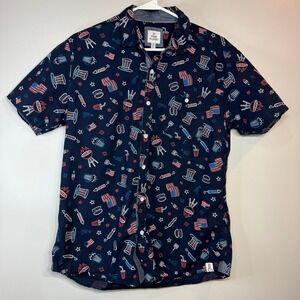 Free Planet Mens Navy Patriotic 4th of July BBQ Print Button Down Shirt M